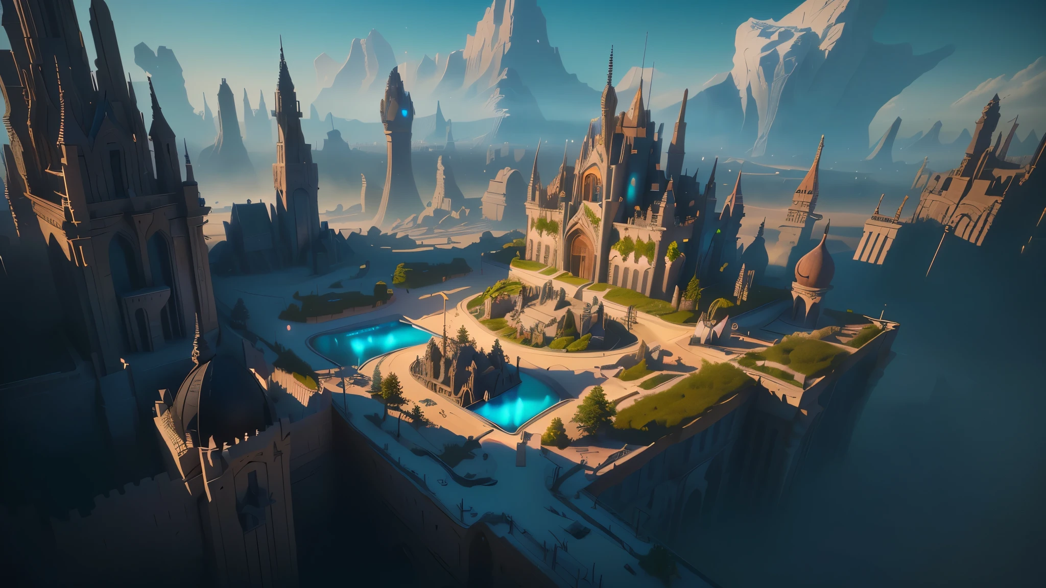 A magical sandbox city,Complex European-style buildings,UE4,Movie lighting,Cool colors,High quality details,8K, Stylized 3d rendering, (Octane Rendering) Fantasy style