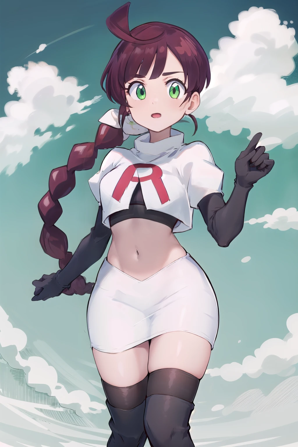 masterpiece, best quality, highres,green eyes,chl1, 1girl, braided_ponytail, (ahoge:1.1), eyelashes, team rocket,team rocket uniform,white skirt,red letter R,crop top,black thigh-highs,black elbow gloves