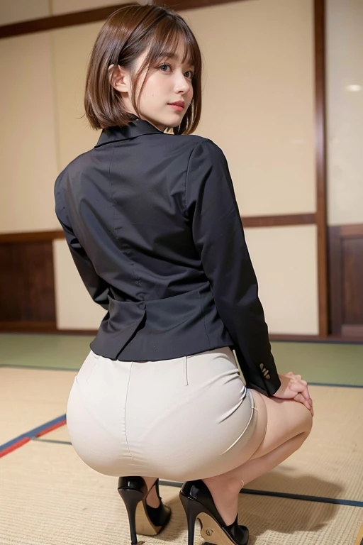 top-quality、8k、32k、​masterpiece、UHD:1.2)、beautiful japanese female、short-haired、30-years old、Within the company、s Office、Others are watching、big breasts thin waist、Gray suit、Open jacket、OL、suits、trouser、from the rear、office、desk、(((Panty Line))),(((stick out buttocks:1.2)))、A detailed face、shorth hair、Look at viewers、Wet buttocks、Wet panties、Wet genitals、Big ass,(((Open your crotch wide)))