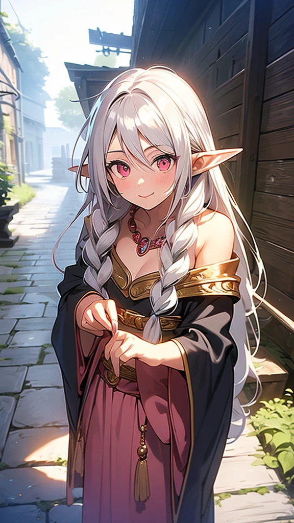 An elf woman, very dark tanned skin, beautiful silver hair, pointed ears, beautiful red eyes, pink lips, staring at the viewer, wizard's robes, beautiful necklace, wizard's hat, shy face, Cheerful smiles, masterpieces, medieval streets,