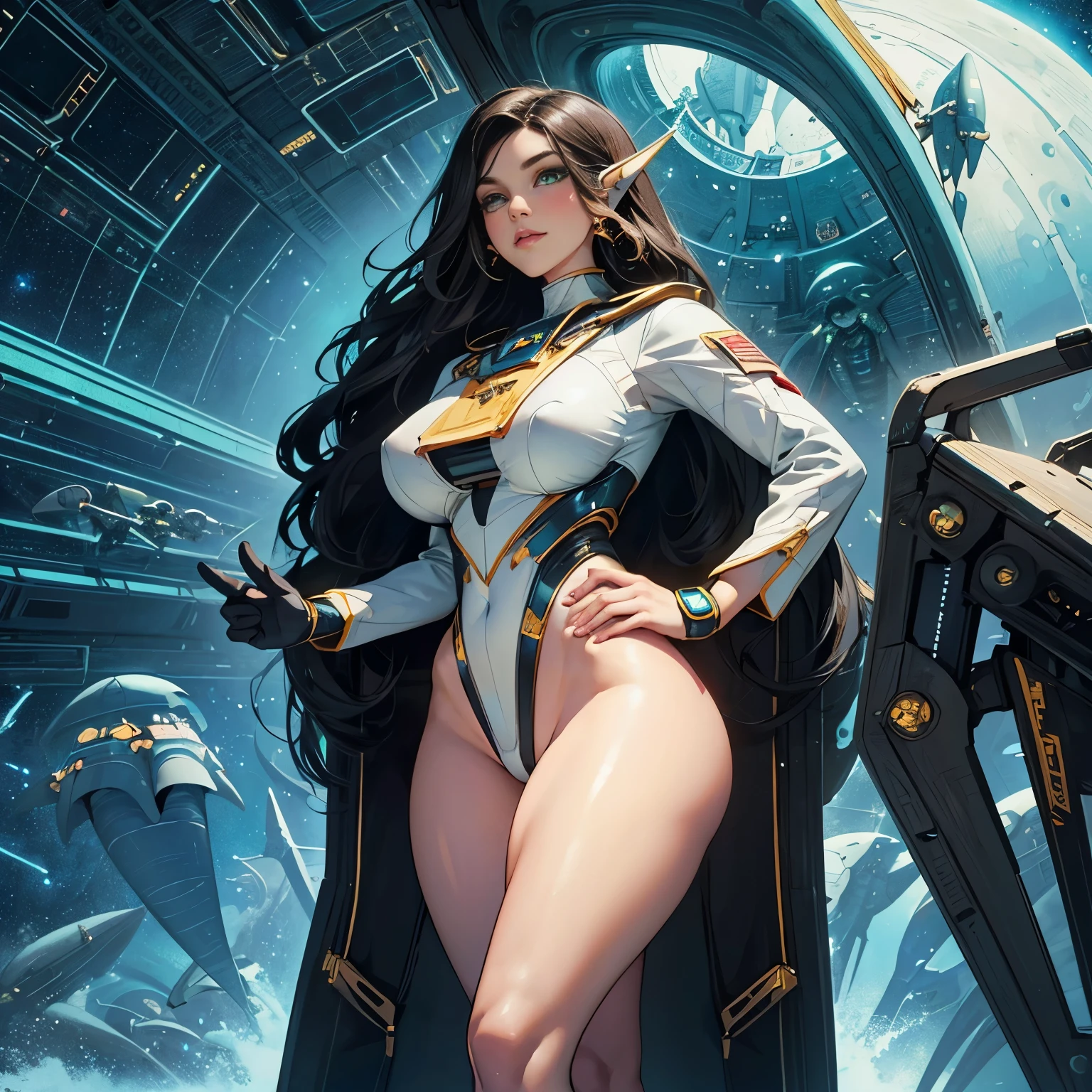 Astronaut woman, prostitute, best quality: 1.1, 1 girl, (green eyes), detailed green eyes, well-aligned eyes, extremely detailed face, blushing cheeks, perfect face symmetry, smiling, embarrassed, (astronaut suit), BREAK intricate details on hands, intricate details on fingers, (very huge) breasts, black hair, detailed hair, long hair, defined figure, (thick muscular legs), (small defined waist), (very much voluptuous body), (very much muscular body), lascivious woman, (nymphomaniac woman), dynamic pose, Interacting, (whole body perspective), ((spaceship background): 1.5)