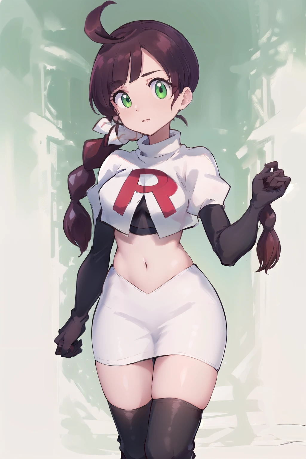 masterpiece, best quality, highres,green eyes,chl1, 1girl, braided_ponytail, (ahoge:1.1), eyelashes, team rocket,team rocket uniform,white skirt,red letter R,crop top,black thigh-highs,black elbow gloves