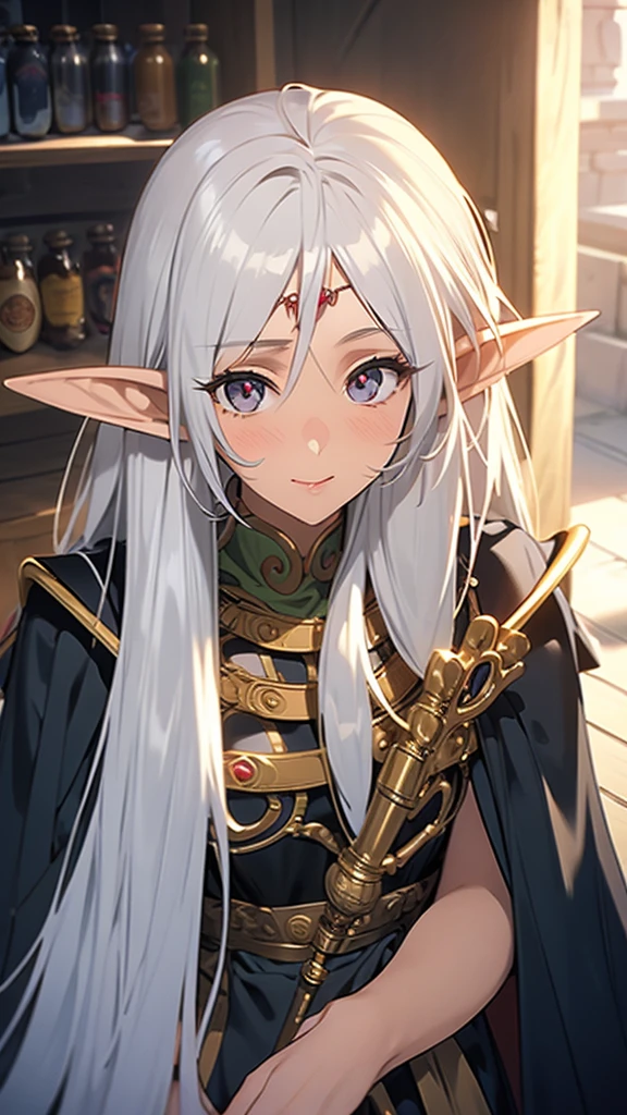 An elf woman, very dark tanned skin, beautiful silver hair, pointed ears, beautiful red eyes, pink lips, staring at the viewer, wizard's robes, beautiful necklace, wizard's hat, shy face, Cheerful smiles, masterpieces, medieval streets,