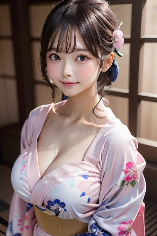 (1ung girl), Extremely cute face, Amazing face and eyes, (Highly detailed eyes, Highly detailed face), fresh, Very clean appearance, (Hyper-realistic, hight resolution), (Best Quality:1.4), Raw photo, (Realistic, Photorealsitic:1.37), Professional Photography, (light pink floral pattern yukata:1.5), (Open yukata), (cleavage:1.2), (Bare shoulders), Smile slightly, (Staring at me), Bedroom, girl portrait  , (gigantic breasts)