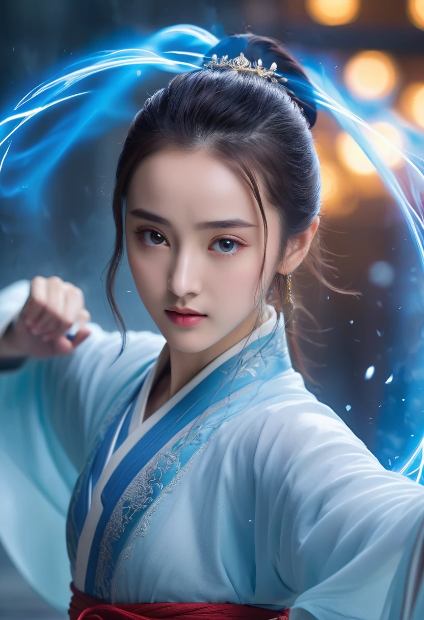 uhd, epic, cinematic still frame, sharp focus, craft a hyper realistic photo of most attractive and beautiful Wuxia girl (Dilraba Dilmurat), (beautiful face)、(((1 juvenile，full bodyesbian，tear-mole:)))full bodyesbian，Sharp eyes，Clear facial features，wearing a lace hanfu，White robe，Fighting，Strong dynamic posture，The body is surrounded by blue mist，Runes surround you，tai chi martial arts action，Holographic reality，holographic halo，dynamic blur，Game lighting effects，rim-light，Soft light，cinematic rim light，The light is delicate, Qi explosion, 