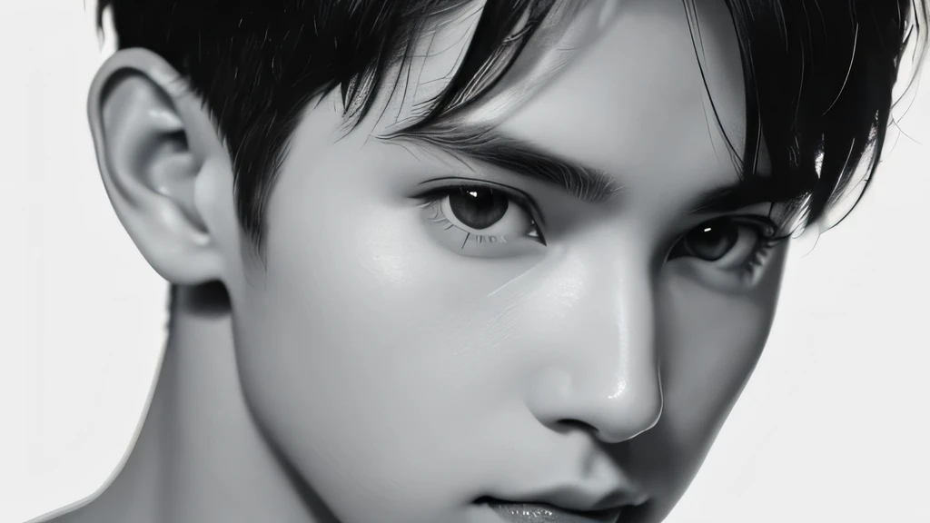 male Handsome Baby Face Short cropped hair looking at the camera Upper body naked no background Background is white Both shoulders are slightly visible The face is in front and both ears are visible White skin full light Black line drawing on a white background Face directly ahead Monochrome A composition with a little distance