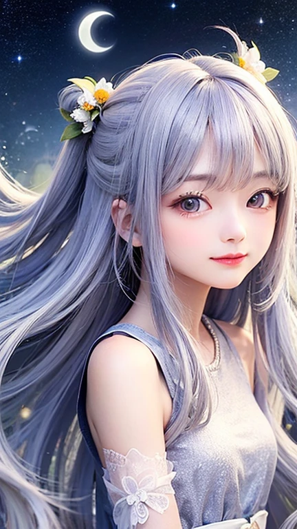 (highest quality, masterpiece), One girl, Pause, particle, Wind, flower, Upper Body, Simple Background, View your viewers, , Milky Way,smile、Silver Long Hair、Twin taililky way、Crescent Moon