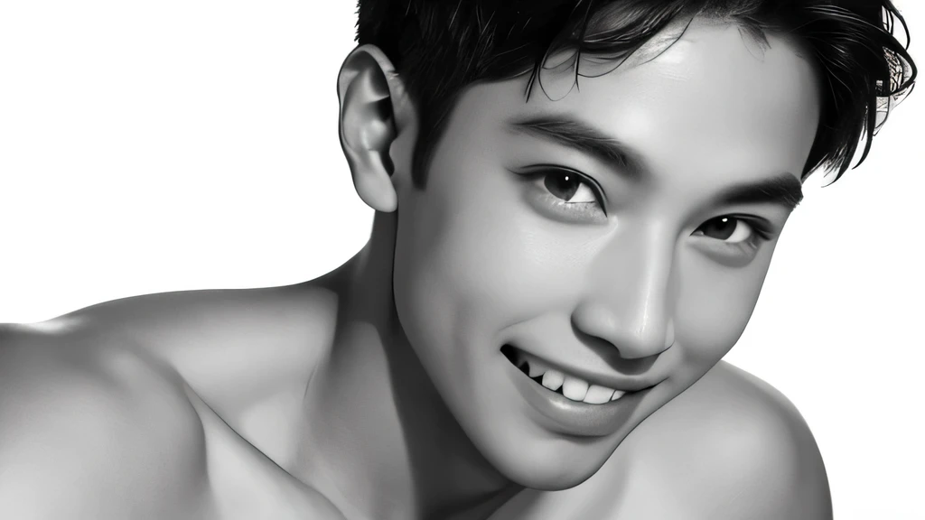 male Handsome Short cropped hair looking at the camera Upper body naked no background Background is white Both shoulders are slightly visible The face is in front and both ears are visible White skin full light Black line drawing on a white background Face directly ahead Monochrome A composition with a little distance smile Teeth are visible