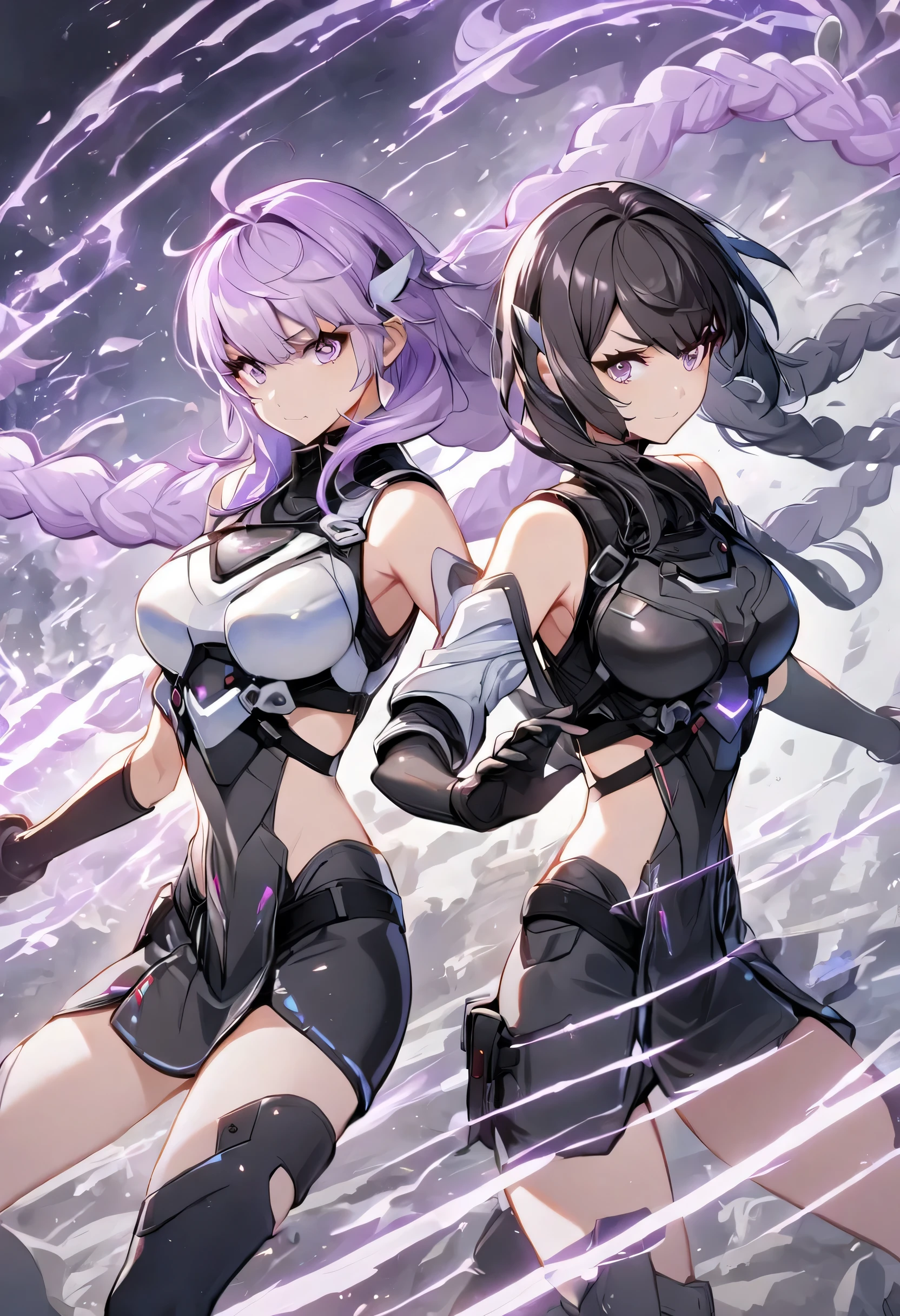 ((Masterpiece, top quality, high resolution)), ((highly detailed CG unified 8K wallpaper)), (huge stunning goddess shot, very hot and sexy, jaw-dropping beauty, perfect proportions, beautiful body, slim body beauty:1.1), cryptic girl, (2 Girls ,Black clothes, White clothes, Black short Hair, purple long hair, fight side by side), (A girl with long purple hair in a braid and short black hair), biomechanical oppai, cybersuits, wearing shiny breastplate, shiny plastic armor, oppai cyberpunk, twintails white_gloves, shiny hi tech armor, black-white skintight suits, wearing techwear and armor, black shiny armor, Armor on bare skin, long gloves, Bare shoulders, black miniskirt, thighs, shiny armor, big eyes staring at the camera in a dynamic pose. Particles of light pour down, 