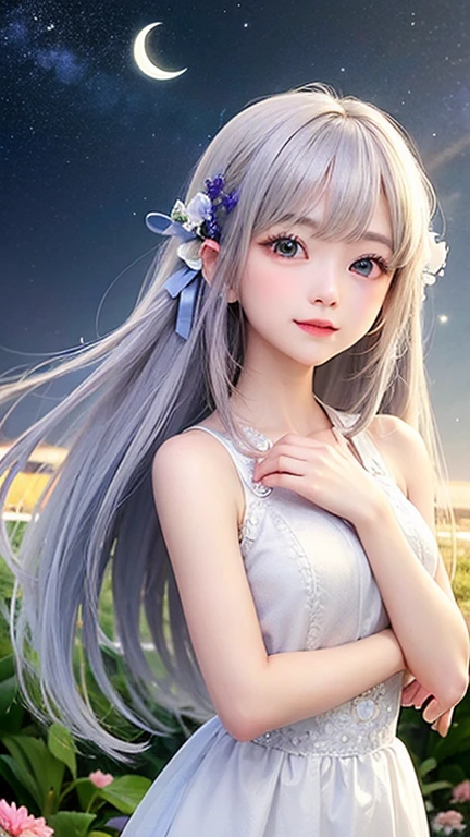 (highest quality, masterpiece), One girl, Pause, particle, Wind, flower, Upper Body, Simple Background, View your viewers, , Milky Way,smile、Silver Long Hair、Twin taililky way、Crescent Moon