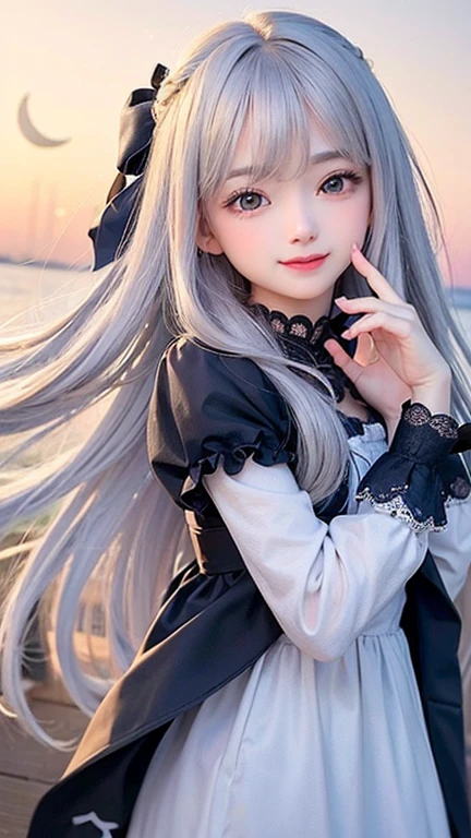 (highest quality, masterpiece), One girl, Pause, particle, Wind, flower, Upper Body, Simple Background, View your viewers, , Milky Way,smile、Silver Long Hair、Twin taililky way、Crescent Moon
