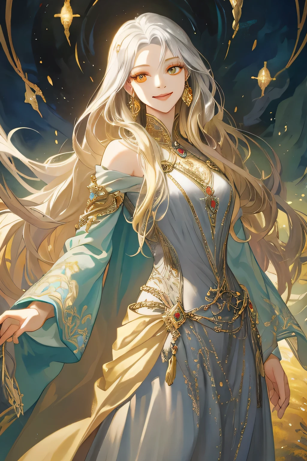 (masterpiece), best quality, expressive eyes, yunani saintess dress style painting of beautiful, silver long dress, lush and haunting background, blonde long hair, golden  eyes, smile mouth, 