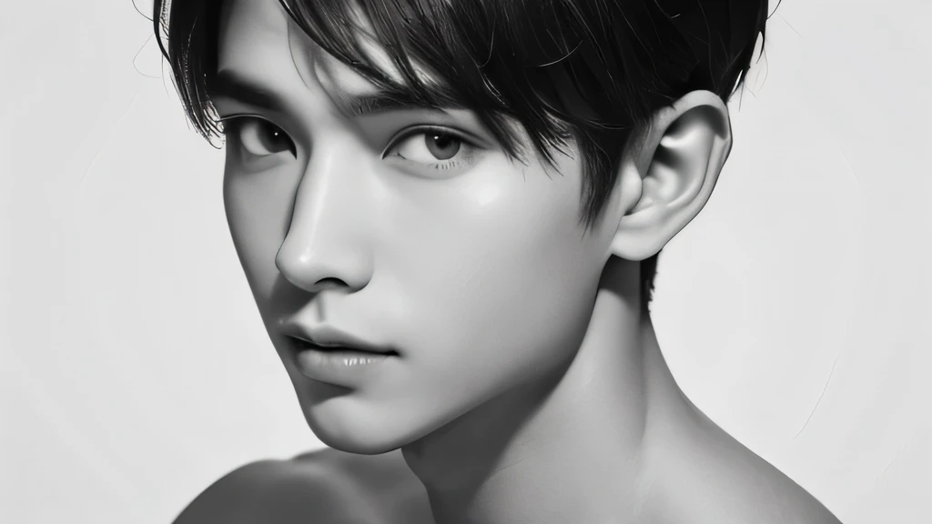 male Handsome Short cropped hair looking at the camera Upper body naked no background Background is white Both shoulders are slightly visible The face is in front and both ears are visible White skin full light Black line drawing on a white background Face directly ahead Monochrome A composition with a little distance