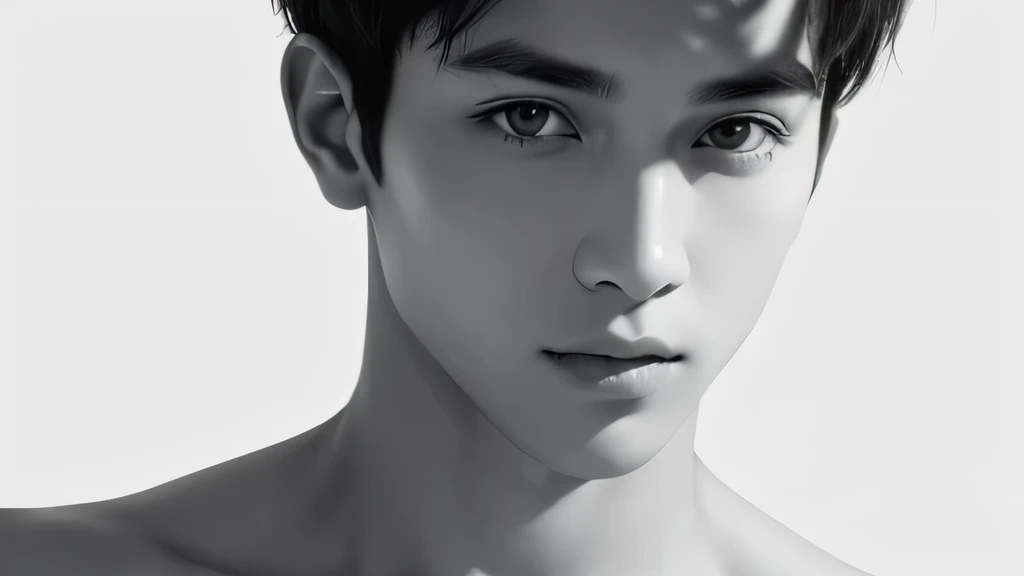 male Handsome Short cropped hair looking at the camera Upper body naked no background Background is white Both shoulders are slightly visible The face is in front and both ears are visible White skin full light Black line drawing on a white background Face directly ahead Monochrome A composition with a little distance Embarrassing
