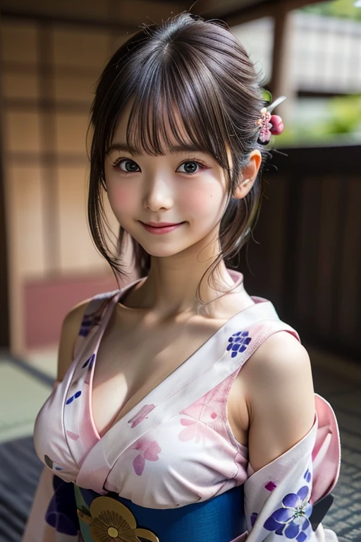 (***ung girl), Extremely cute face, Amazing face and eyes, (Highly detailed eyes, Highly detailed face), fresh, Very clean appearance, (Hyper-realistic, hight resolution), (Best Quality:1.4), Raw photo, (Realistic, Photorealsitic:1.37), Professional Photography, (light pink floral pattern yukata:1.5), (Open yukata), (cleavage:1.2), (Bare shoulders), Smile slightly, (Staring at me), Bedroom, girl portrait  , (gigantic breasts)