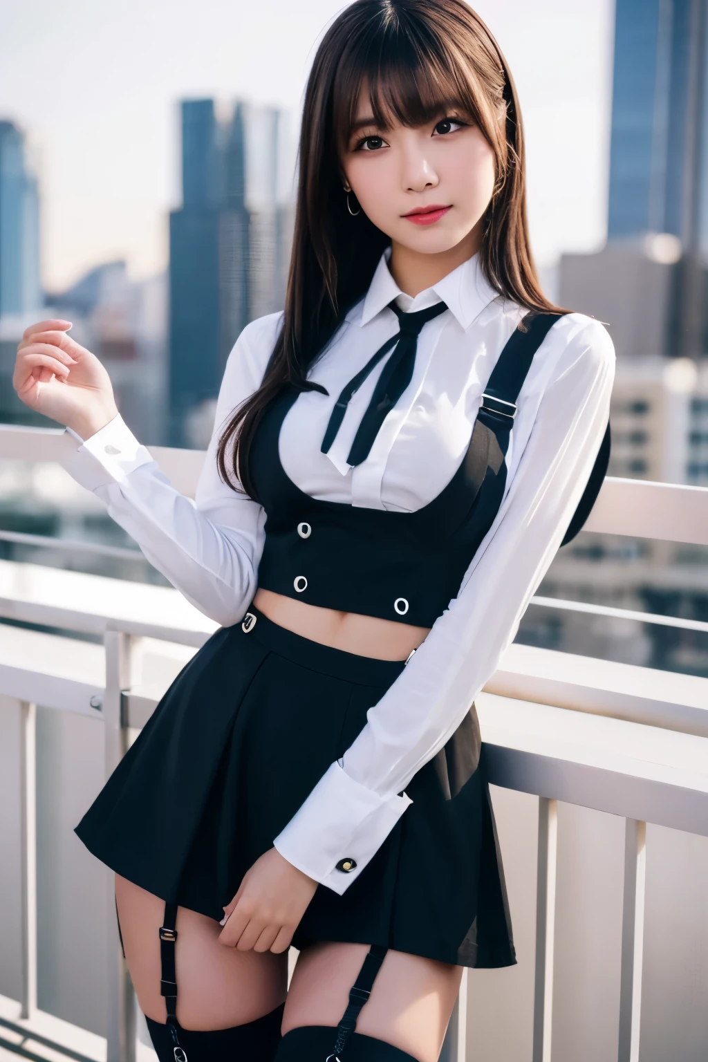 ((Midnight, highest quality, 8k, masterpiece :1.3)), whole body, Long legs, Sharp focus :1.2, Beautiful woman with perfect figure :1.4, Slim Abs :1.1, ((Dark brown hair, Big Breasts :1.2)), (White tight T-shirt, Jean Bib, Are standing:1.2), ((Night city view, rooftop:1.3)), Very detailedな顔と肌の質感, Fine grain, Double eyelids one girl,highest quality,masterpiece,figure,Very delicate and beautiful,CG,Unity,8k wallpaper,wonderful,In detail,masterpiece,Official Art,Very detailed CG Unity 8k wallpaper,Incredibly absurd,Large file size,Very detailedな,High resolution,Very detailed,Beautiful detailed girl,Realistic,from the front,Outdoor, suspenders Large swollen breasts Black mini skirt garter belt Knee-high socks bangs Beauty Hands up Black boots one person Dress shirt Hands Behind Back put your hands behind your back With your hands behind your back Armament holster A room at the Belt Hotel Bed Wall side