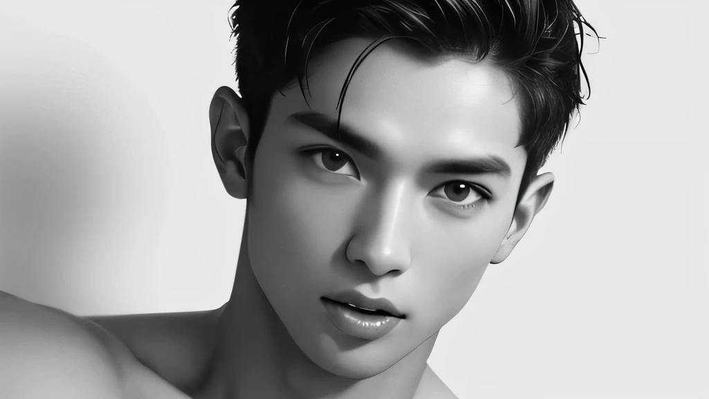 male Handsome Short cropped hair looking at the camera Upper body naked no background Background is white Both shoulders are slightly visible The face is in front and both ears are visible White skin full light Black line drawing on a white background Face directly ahead Monochrome A composition with a little distance Open your mouth wide