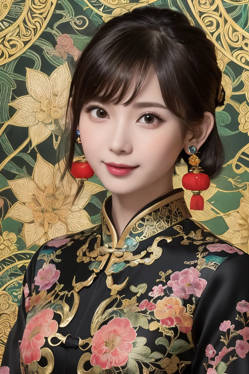 (masterpiece, top quality, best quality, official art, beautiful and aesthetic:1.2), (1girl:1.3), extremely detailed,(fractal art:1.1),(colorful:1.1)(flowers:1.3),highest detailed,(zentangle:1.2), (randam dynamic pose), (abstract background:1.3), (black chinese dress:1.4), (shiny skin), (many colors:1.4), ,(earrings:1.4),big eyes,(realistic sprited away yubaba:1.3),smile,whole body,full body shot