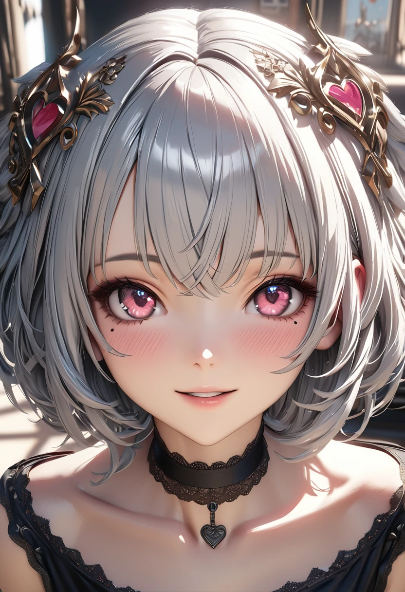 Top quality, best quality, super detailed, hi-res, high resolution, HDR, 4k, 8k, unity 8k wallpaper, highly detailed CG, masterpiece, realistic, photorealistic, 2D, 3D, beautiful details, depth, fine textures , ultra-fine: 1.3, fully focused, crispy.skin, .berak,
A very cute anime girl with silver short hair high , her name is Mia, smiling, one girl, solo, short silver hair,  a mole under her eyes, looking at the viewer, high , blush, mole,  parted lips, hair ornament, heart, pink eyes, choker
