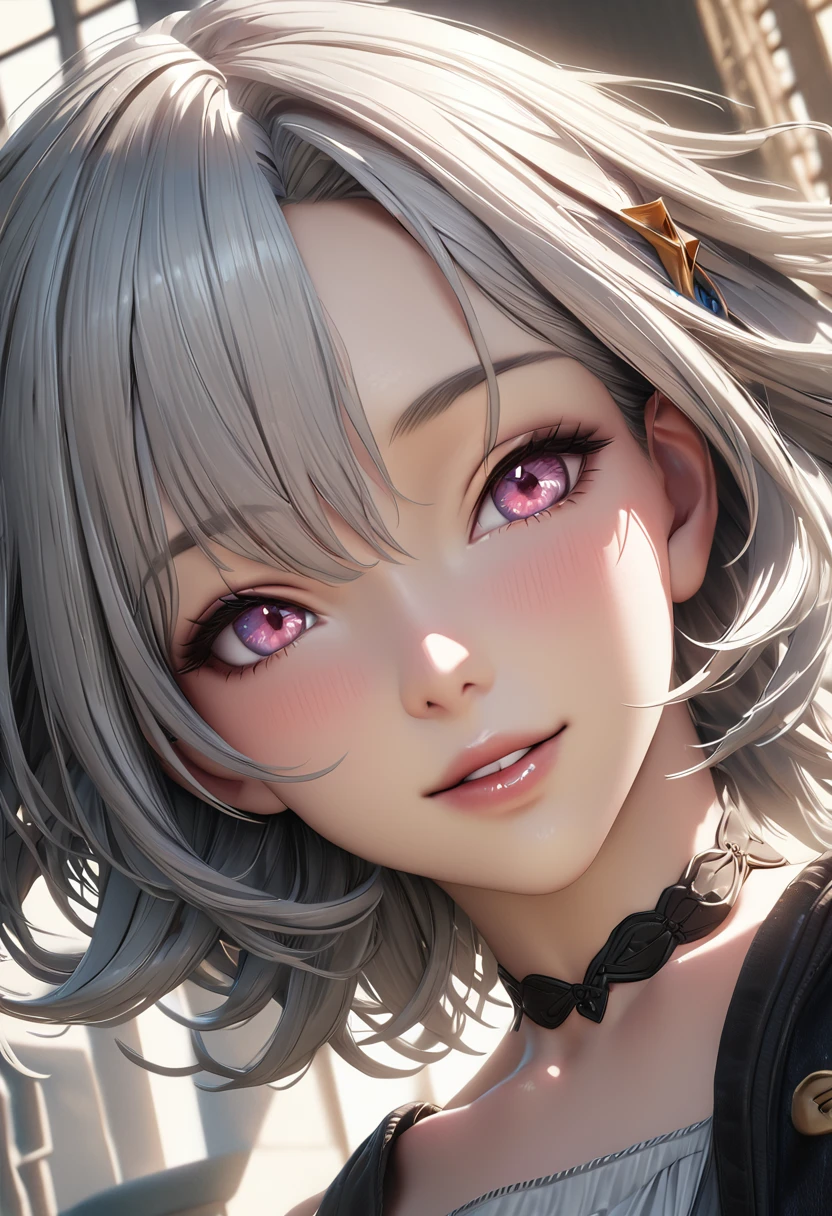 Top quality, best quality, super detailed, hi-res, high resolution, HDR, 4k, 8k, unity 8k wallpaper, highly detailed CG, masterpiece, realistic, photorealistic, 2D, 3D, beautiful details, depth, fine textures , ultra-fine: 1.3, fully focused, crispy.skin, .berak,
A very cute anime girl with silver short hair high , her name is Mia, smiling, one girl, solo, short silver hair, a mole under her eyes, looking at the viewer, high , blush, mole, parted lips, hair ornament, heart, pink eyes, choker