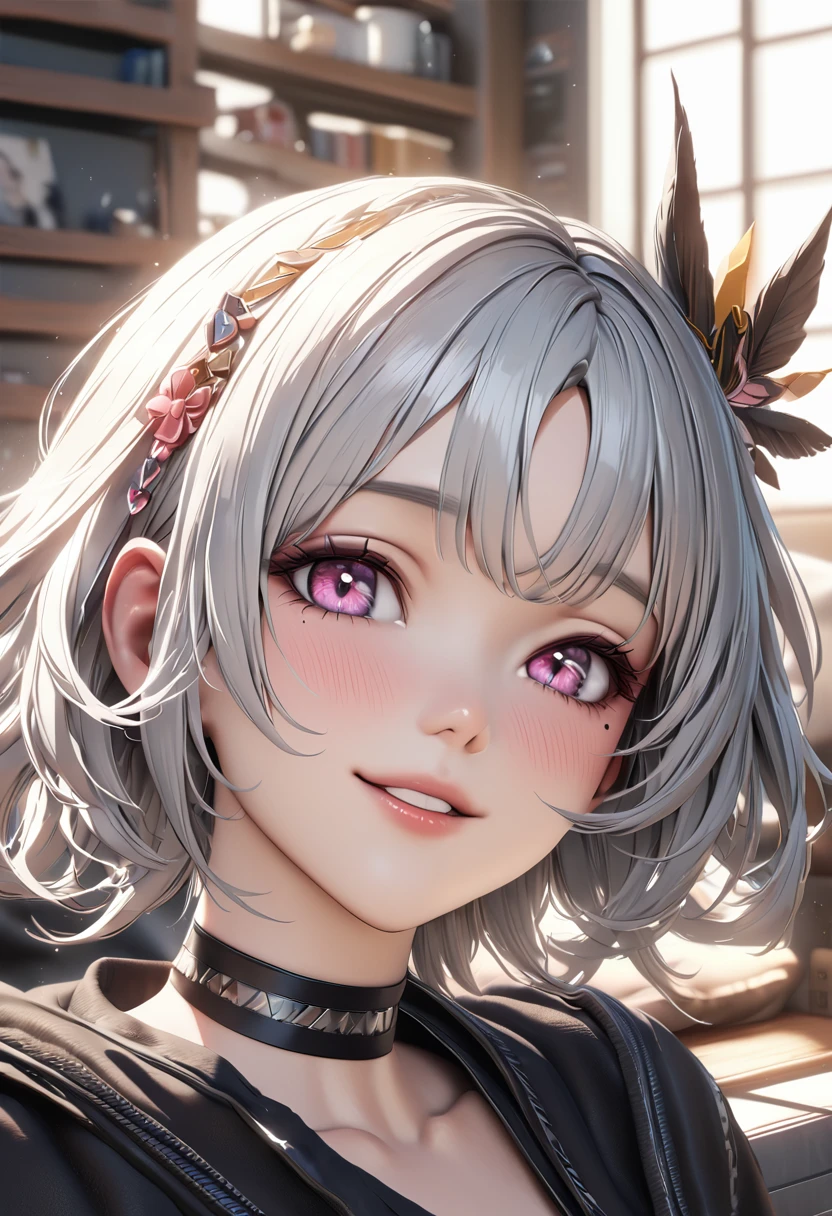 Top quality, best quality, super detailed, hi-res, high resolution, HDR, 4k, 8k, unity 8k wallpaper, highly detailed CG, masterpiece, realistic, photorealistic, 2D, 3D, beautiful details, depth, fine textures , ultra-fine: 1.3, fully focused, crispy.skin, .berak,
A very cute anime girl with silver short hair high , her name is Mia, smiling, one girl, solo, short silver hair,  a mole under her eyes, looking at the viewer, high , blush, mole,  parted lips, hair ornament, heart, pink eyes, choker