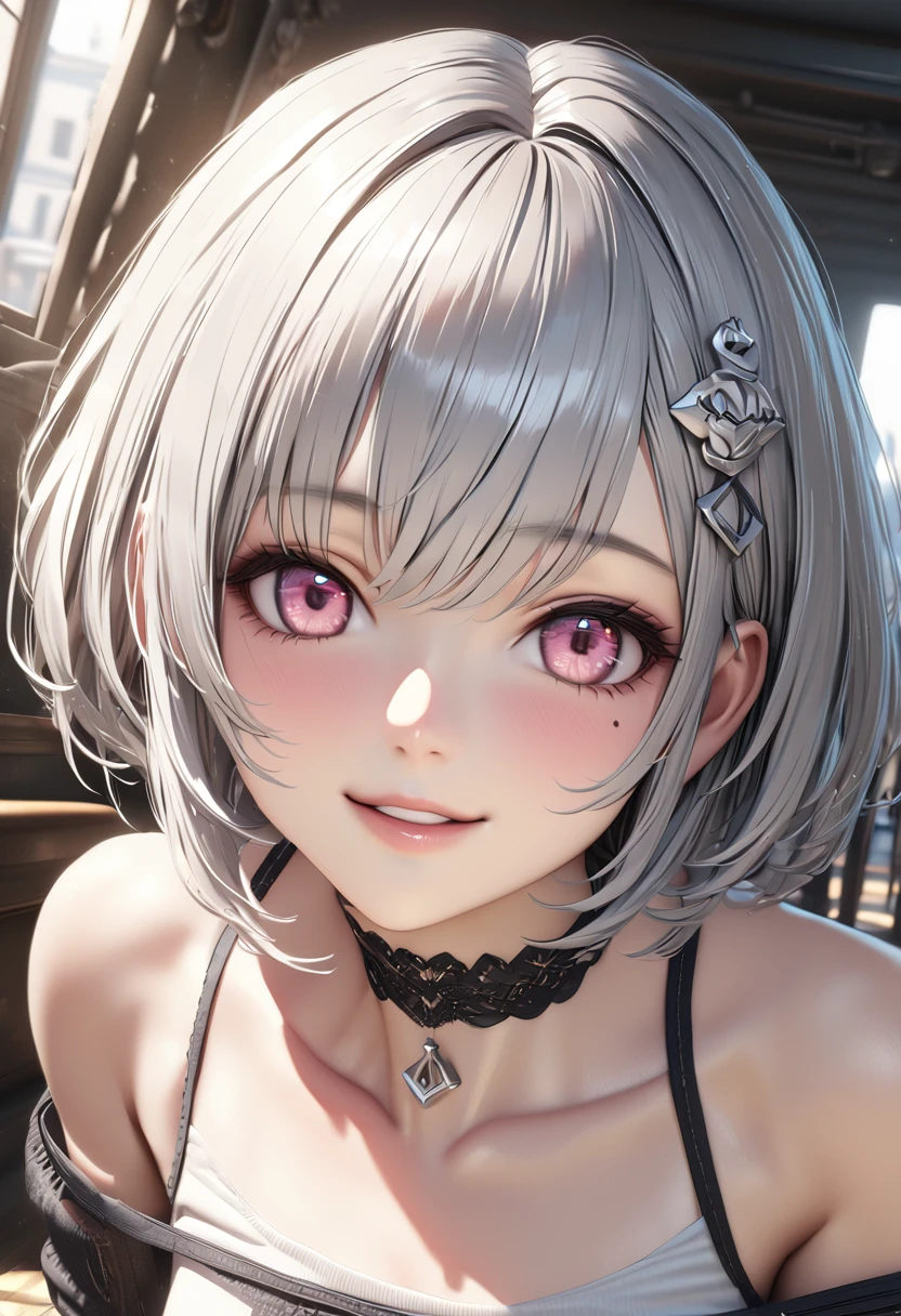 Top quality, best quality, super detailed, hi-res, high resolution, HDR, 4k, 8k, unity 8k wallpaper, highly detailed CG, masterpiece, realistic, photorealistic, 2D, 3D, beautiful details, depth, fine textures , ultra-fine: 1.3, fully focused, crispy.skin, .berak,
A very cute anime girl with silver short hair high , her name is Mia, smiling, one girl, solo, short silver hair, a mole under her eyes, looking at the viewer, high , blush, mole, parted lips, hair ornament, heart, pink eyes, choker