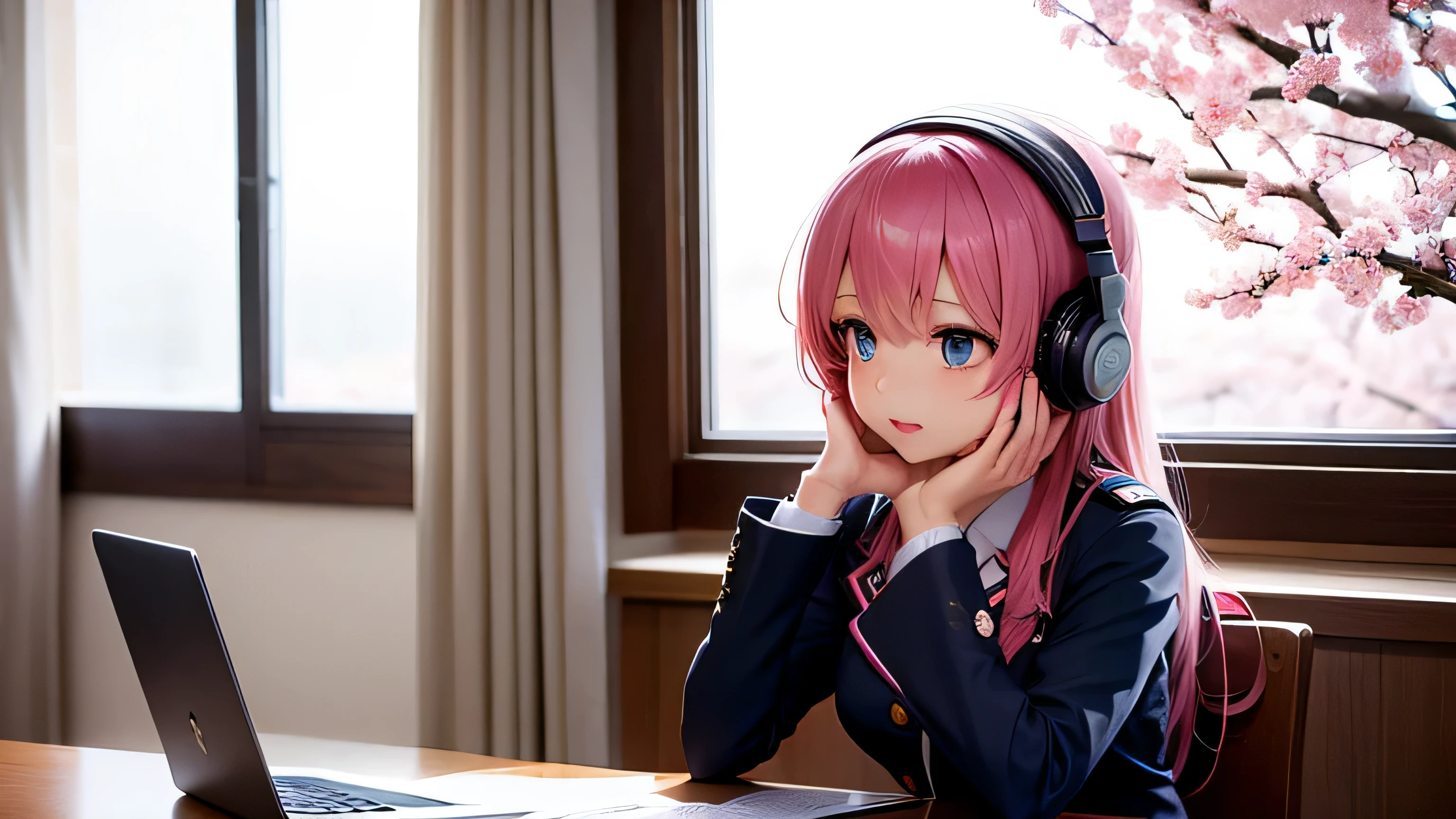 A beautiful girl wearing a uniform and with pink hair studying on a PC while listening to headphones The cherry blossoms are blooming outside the room. Japanese anime style