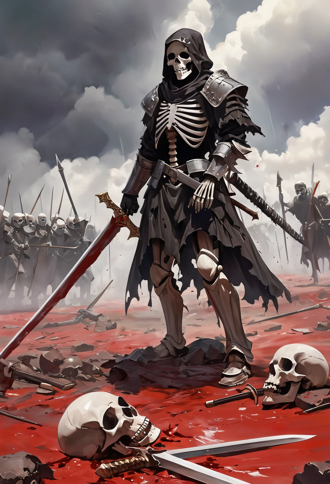 A lone skeleton with a large sword ((realismo, 1,2, sombreamento, detalhado, rpg)), campo de batalha destruido, armadura, bandeiras desgastadas, chuva, blood on the ground