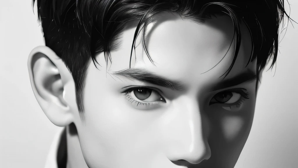 male Handsome Short cropped hair looking at the camera Upper body naked no background Background is white Both shoulders are slightly visible The face is in front and both ears are visible White skin full light Black line drawing on a white background Face directly ahead Monochrome A composition with a little distance Feeling unsatisfied