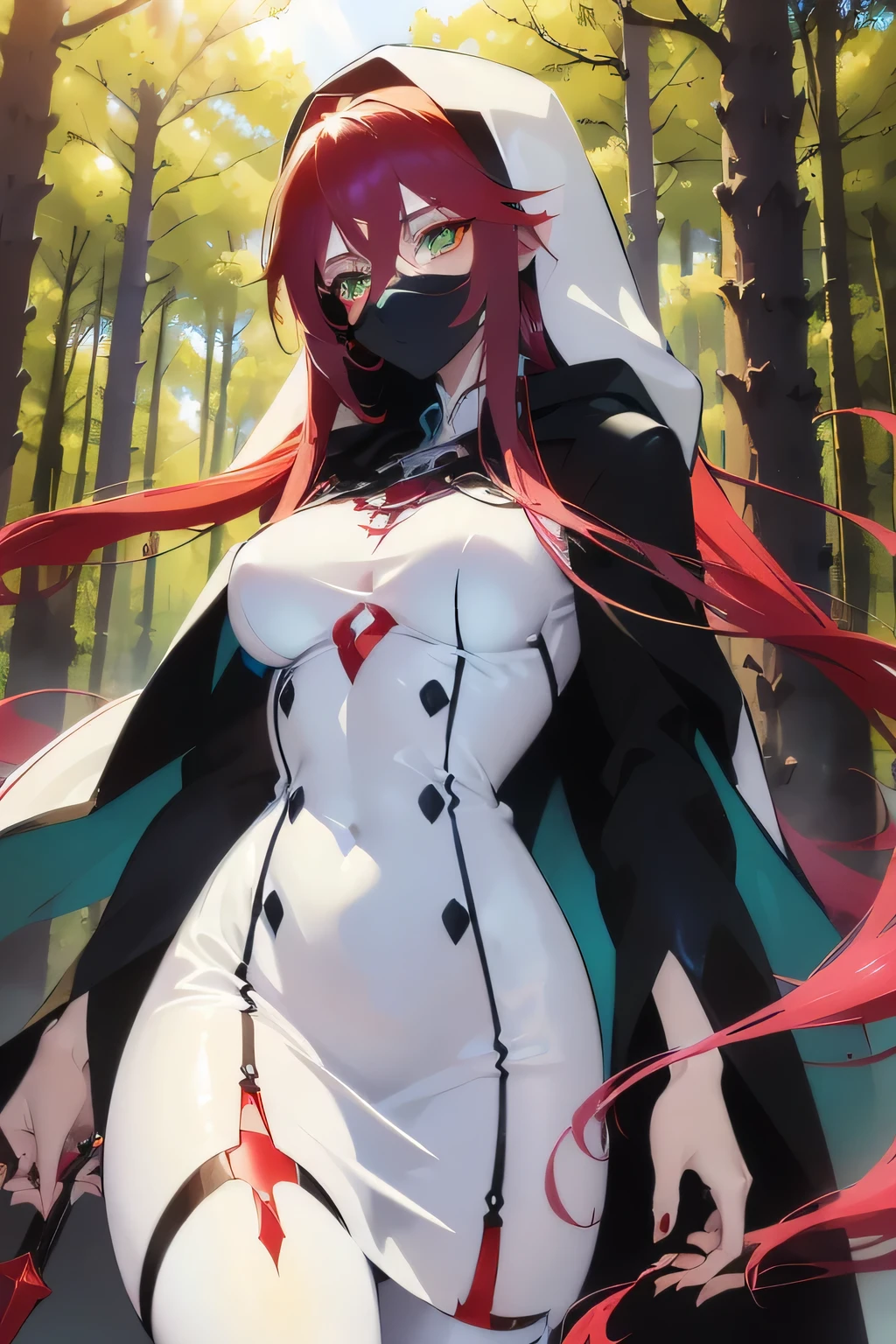 (an adult tensei shitara slime anime character) Rimuru Tempest, with prominent and piercing eyes of a (((scarlet red))), which exude an aura of cold determination and a sharp intelligence, (hair is light heavenly blue), flowing and smooth, neutral mouth, cold gaze, reflecting an unshakable personality and an indomitable spirit, The white hood that covers the character's head adds a touch of mystery and nobility, complementing his enigmatic and powerful presence, complete character, ((( setting in the forest))), white skin, highly detailed scenery, (female student outfit), (checkered skirt)