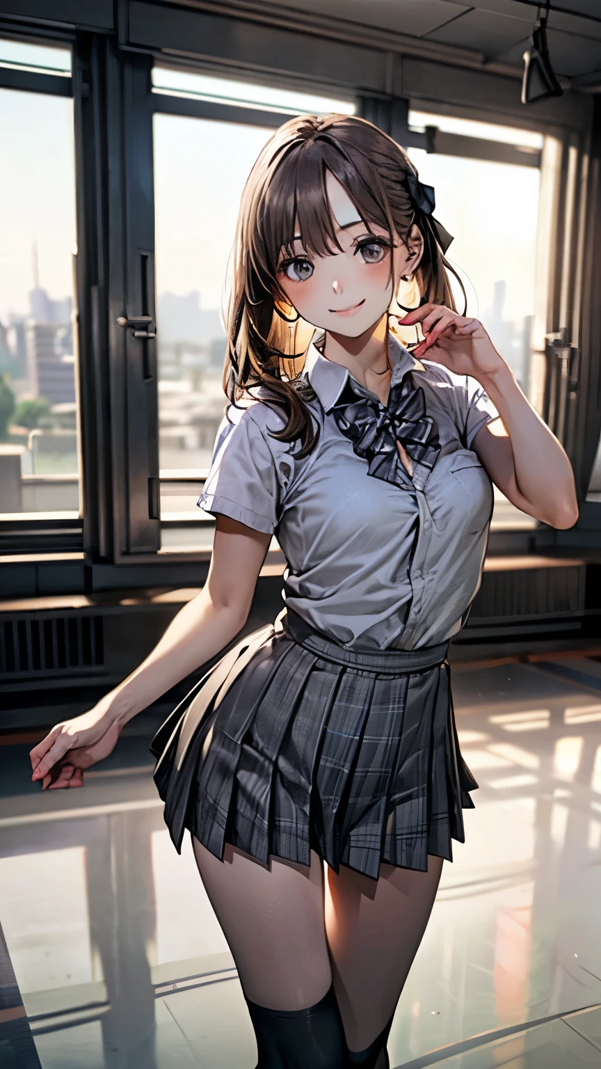 (masterpiece:1.2, highest quality), (Realistic, photoRealistic:1.4), Beautiful illustrations, (Natural Side Lighting, Cinema Lighting), Browsing Caution, 
View your viewers, Cowboy Shot, Front view:0.6, 1 girl, Japanese, high school girl, Perfect Face, Cute and symmetrical face, Shiny skin, 
(Middle Hair:1.1, Rob:1.0, Light brown hair), bangs, Grey Eyes, Long Eyelashes, (Large Breasts:0.7), 
Beautiful Hair, Beautiful Face, beautiful detailed eyes, Beautiful clavicle, Beautiful body, Beautiful breasts, Beautiful thighs, Beautiful feet, Beautiful fingers, 
(((Light grey collared shirt, Dark grey pleated mini skirt, Black socks, Gray checked bow tie)), 
(Beautiful views), evening, (detailed, Inside the gym, Dance Floor, walking), (Cute smile, Upward glance), 