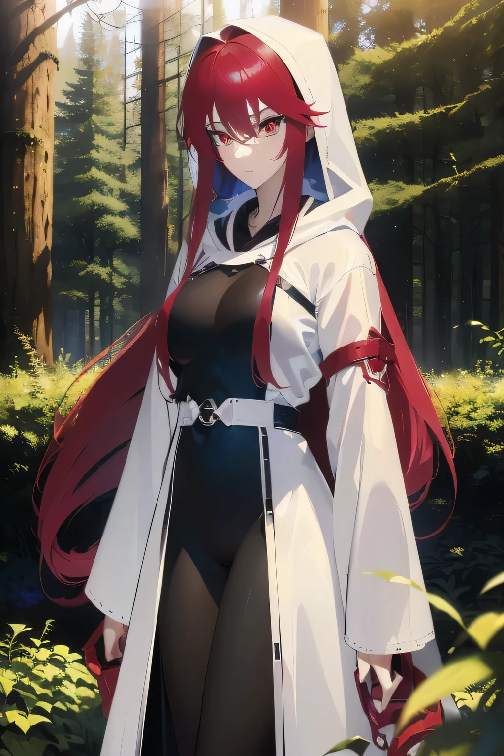 (an adult tensei shitara slime anime character) Rimuru Tempest, with prominent and piercing eyes of a (((scarlet red))), which exude an aura of cold determination and a sharp intelligence, (hair is light heavenly blue), flowing and smooth, neutral mouth, cold gaze, reflecting an unshakable personality and an indomitable spirit, The white hood that covers the character's head adds a touch of mystery and nobility, complementing his enigmatic and powerful presence, complete character, ((( setting in the forest))), white skin, highly detailed scenery, (female student outfit), (checkered skirt)