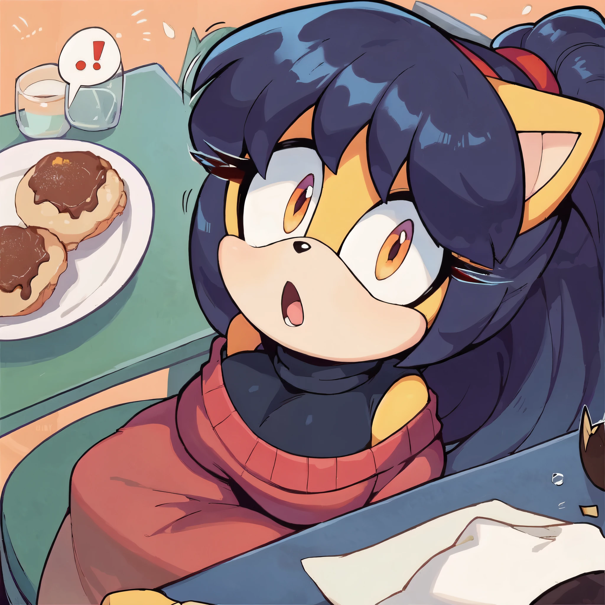 score_9, score_8_up, 2D, flat color, cafe background, looking at viewer, 1girl, very detailed, extremely detailed, honey the cat from the sonic the hedgehog series, portrait, cut off body, above shoulder, shocked expression, puzzled expression, sound lines, open mouth, makeup, hair down, long hair, turtleneck sweater, sitting at table, on a date, large bust, milf