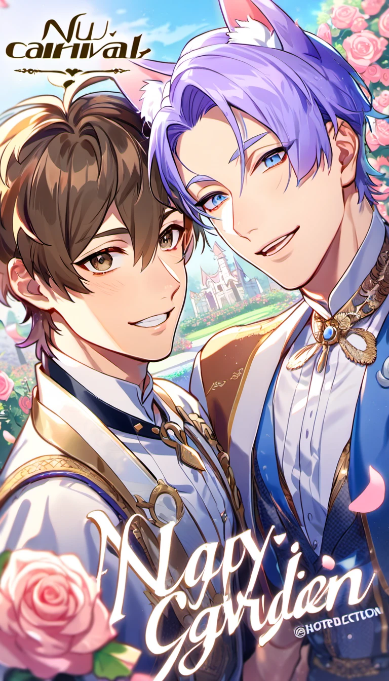 absurdres, highres, ultra detailed, HDR, master piece, best quality, perfect face, beautiful eyes, delicate features, Eiden, brown hair, expressive brown eyes, Nu Carnival, Kuya, light-purple hair, expressive blue eyes, fox ears, two men together, gay couple, handsome, fantasy clothes, castle, garden, pink roses, petals
