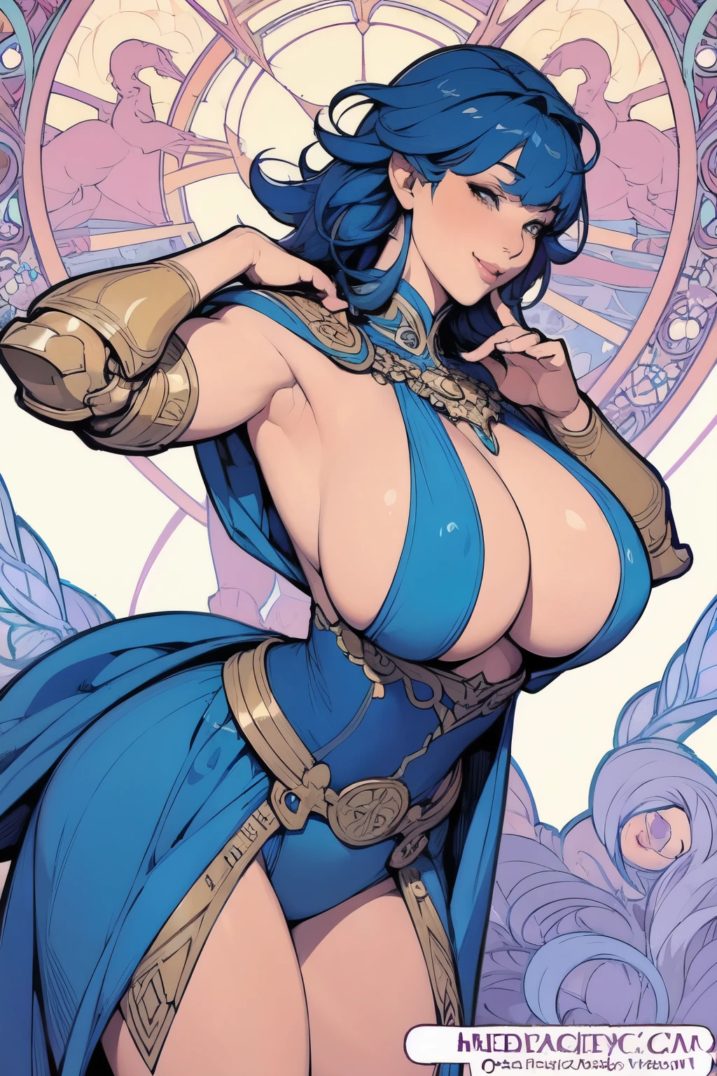 ((Mucha's style)),(vulgar),Big-breasted Pussy Woman Warrior, full view,Sexy poses,vulgar smile,blue haired,muscular woman,(heavy armour))