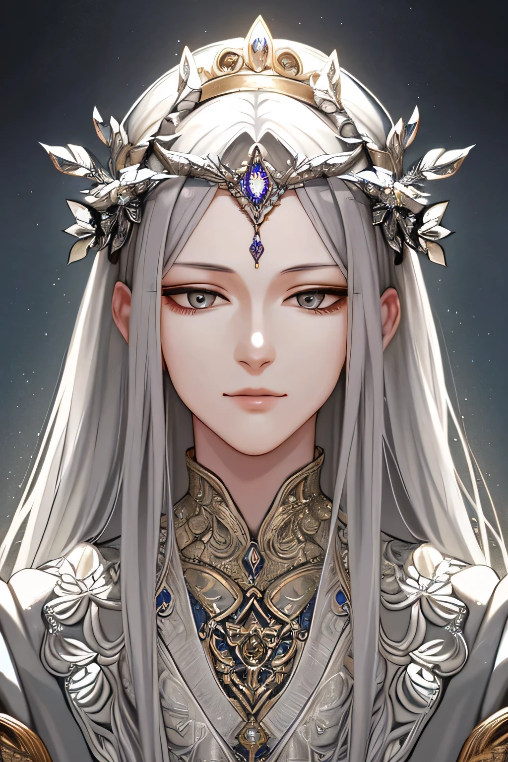 (extreamly delicate and beautiful:1.2), 8K,(masterpiece:1.0),(best_quality:1.0), 1boy, and intricate detailing, Enlarged textures, and intricate detailing, finely eye and detailed face, and intricate detailing, shiraga, silver gray hair, (closed mouths), Perfect eyes, Equal eyes, Golden eyes (A male god), crown king