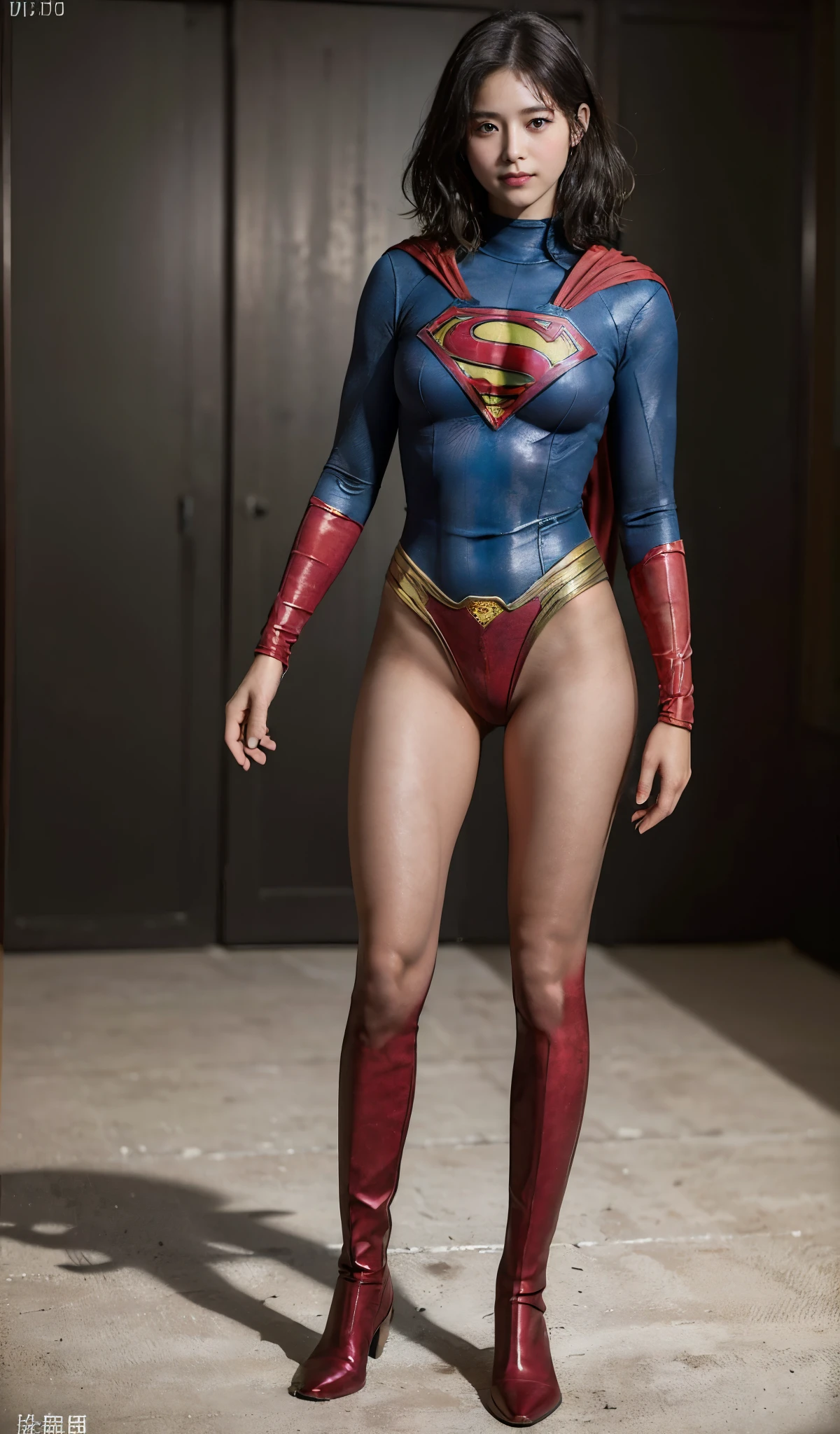 No background、(((Beautiful legs in black tights.)))、(((Legally express the beauty of your smile)))、((((Make the most of your original images)))、(((Supergirl Costume)))、(((Short beautiful hair)))、(((suffering)))、(((Please wear black tights....、Wear red boots)))、((Best image quality、8K))、((highest quality、8K、masterpiece:1.3))、(((Preserve background )))、Sharp focus:1.2、Beautiful woman with perfect figure:1.4、Thin abdominal muscles:1.2、Wet body:1.5、Highly detailed face and skin texture、8K