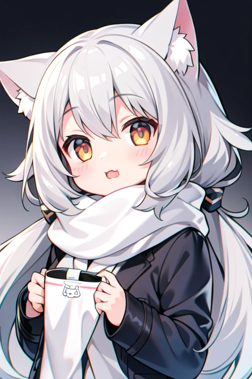 masterpiece, wonderful, One girl, Gray Hair, Medium Long Hair, Cat ear, Looking at the audience, :3, cute, scarf, Jacket, White Background, tooth, high quality, Ultra-high resolution