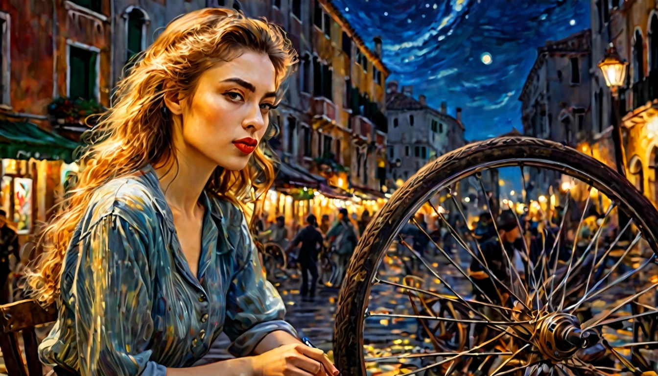 A young woman drawing、serious Face、Deep shadows、Oil painting style、Venice night scene background、close up、 Dramatic Lighting, Extremely true, 8k, Crazy details, Wheels within wheels, Bokeh, Shot with a 60mm lens, ISO 300, F/4, 1/200th, Bright colors, Pino Deheny, Vincent Van Gogh, Luis Royo, Frank Frazetta