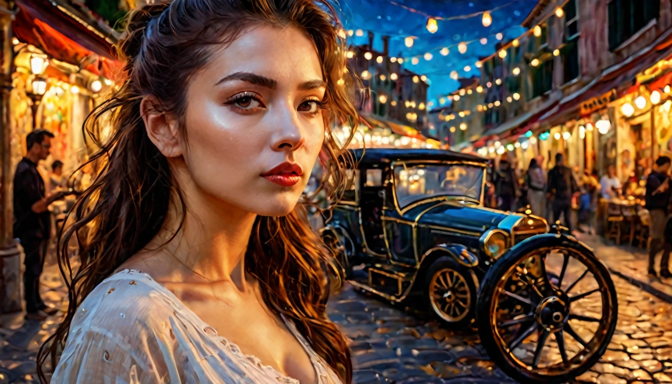 A young woman drawing、serious Face、Deep shadows、Oil painting style、Venice night scene background、close up、 Dramatic Lighting, Extremely true, 8k, Crazy details, Wheels within wheels, Bokeh, Shot with a 60mm lens, ISO 300, F/4, 1/200th, Bright colors, Pino Deheny, Vincent Van Gogh, Luis Royo, Frank Frazetta
