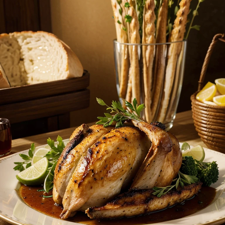 "A mouth-watering, detailed image of a juicy roasted chicken, beautifully served and ready to be devoured. (best quality, highres, masterpiece:1.2), ultra-detailed, (realistic:1.37) rendering of a succulent roasted chicken, perfectly cooked with crispy golden skin, aromatic herbs and spices, and tender, succulent meat. The chicken is elegantly presented on a platter, surrounded by vibrant, colorful vegetables and garnished with fresh herbs. The lighting enhances the rich, appetizing colors, and the textures are so realistic that you can almost hear the crunch as you take a bite. The art style is a perfect blend of photography and food illustration, capturing the essence of this delicious dish. The color palette is warm and inviting, with a focus on earthy tones that complement the natural colors of the ingredients. The lighting creates a soft, diffused ambiance, highlighting the chicken's mouthwatering appeal. The attention to detail is impeccable, capturing every aspect of the meal, from the glistening juices to the perfectly carved pieces. It's truly a masterpiece that will make your taste buds tingle and your mouth water. Enjoy your meal!"