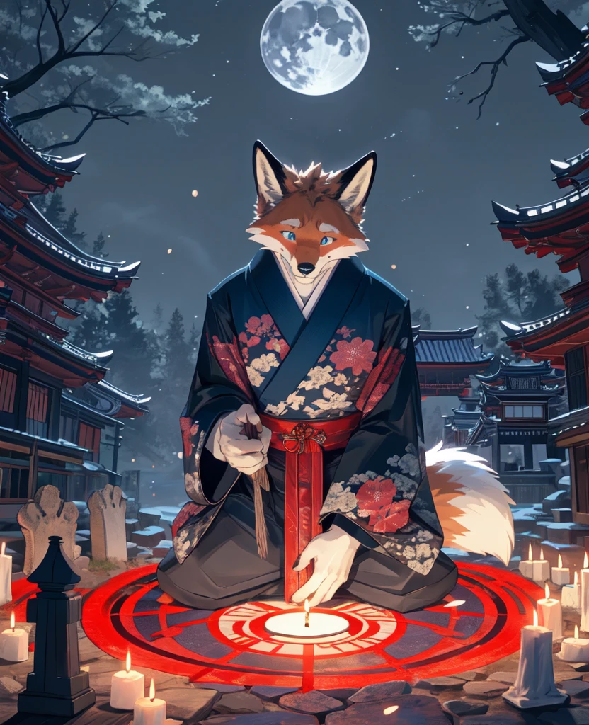 depth of field, perfect lighting, light particles,(best quality),(masterpiece),(ultra detailed),sharp focus,light particles, niji, detailed eyes, blush, blue_eyes, focused, smile, solo, furry, animal_ear_fluff, open_clothes, arms outstretched, upper body, tail, kimono, japanese clothes, moonlight, tree, altar, from below, arms behind back, male, 1 boy,handsome,fox,priest, shinto, ritual, magic, nighttime, graveyard, magic circle