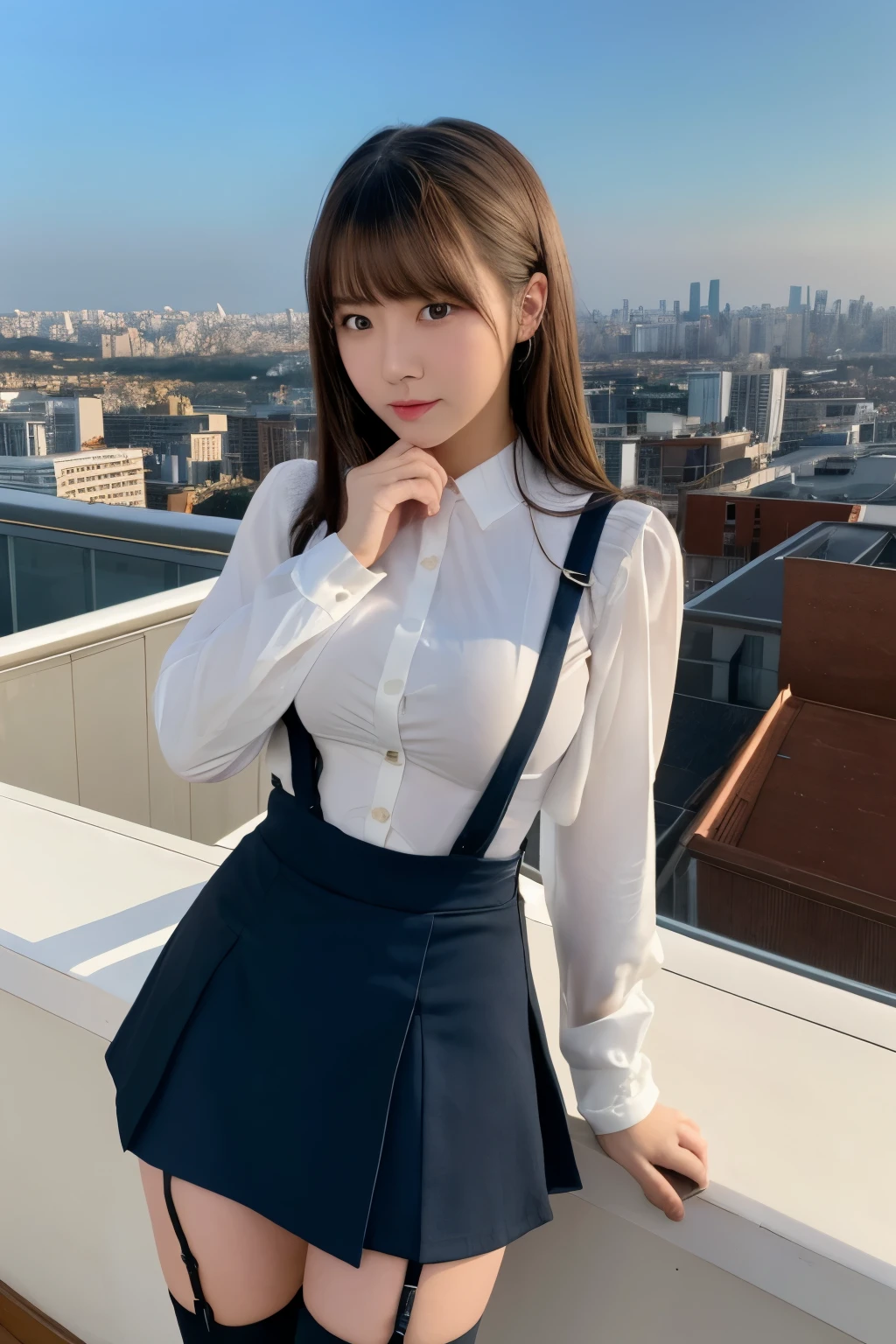 ((Midnight, highest quality, 8k, masterpiece :1.3)), whole body, Long legs, Sharp focus :1.2, Beautiful woman with perfect figure :1.4, Slim Abs :1.1, ((Dark brown hair, Big Breasts :1.2)), (White tight T-shirt, Jean Bib, Are standing:1.2), ((Night city view, rooftop:1.3)), Very detailedな顔と肌の質感, Fine grain, Double eyelids one girl,highest quality,masterpiece,figure,Very delicate and beautiful,CG,Unity,8k wallpaper,wonderful,In detail,masterpiece,Official Art,Very detailed CG Unity 8k wallpaper,Incredibly absurd,Large file size,Very detailedな,High resolution,Very detailed,Beautiful detailed girl,Realistic,from the front,Outdoor, suspenders Large swollen breasts Black mini skirt garter belt Knee-high socks bangs Beauty Hands up Black boots one person Dress shirt Hands Behind Back put your hands behind your back With your hands behind your back Armament holster A room at the Belt Hotel Bed Wall side