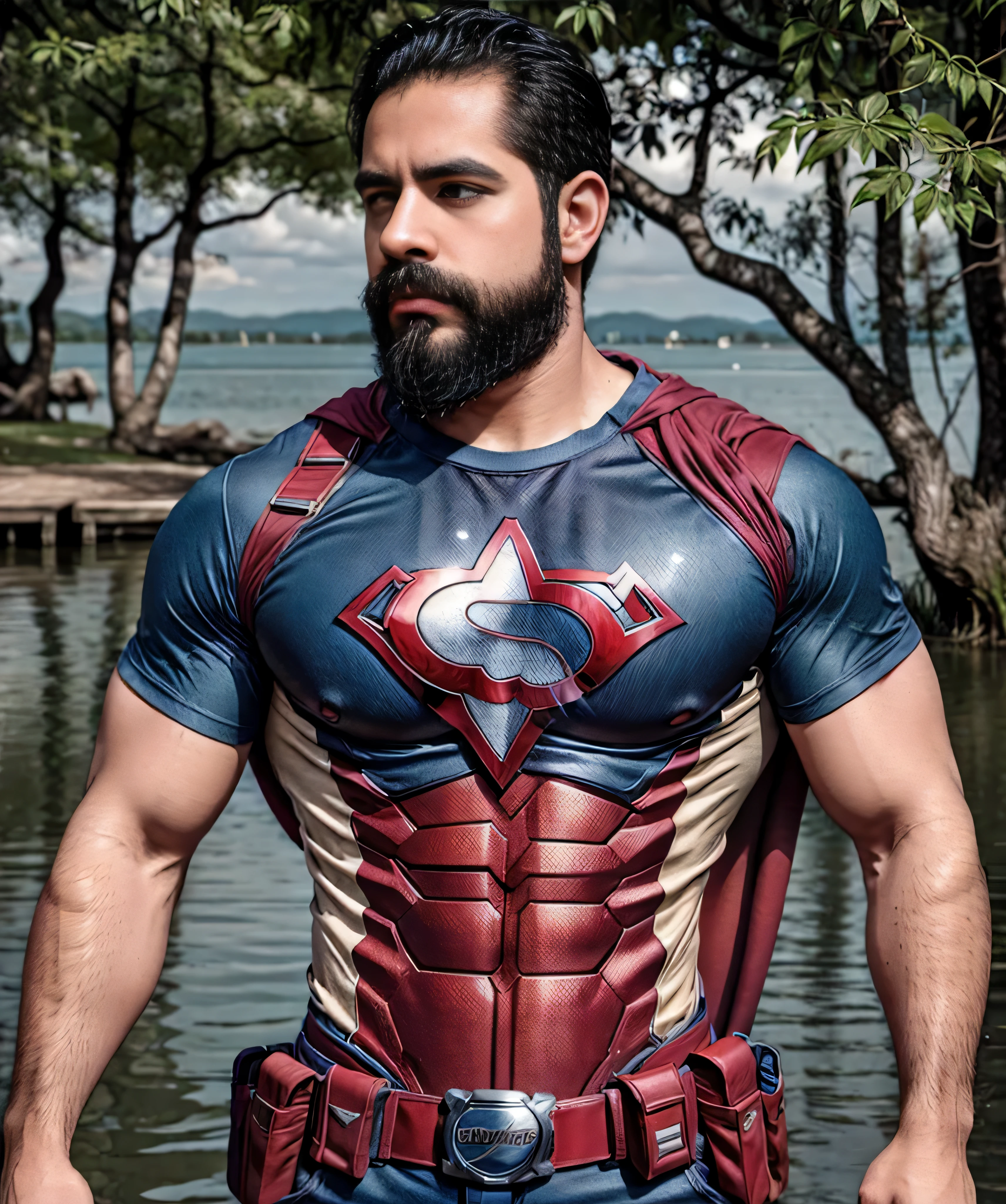 Parte superior del cuerpo, Man with beard and superhero shirt, parado en la orilla de un lago, muy hermoso. super polished and cool, plano medio de un guapo