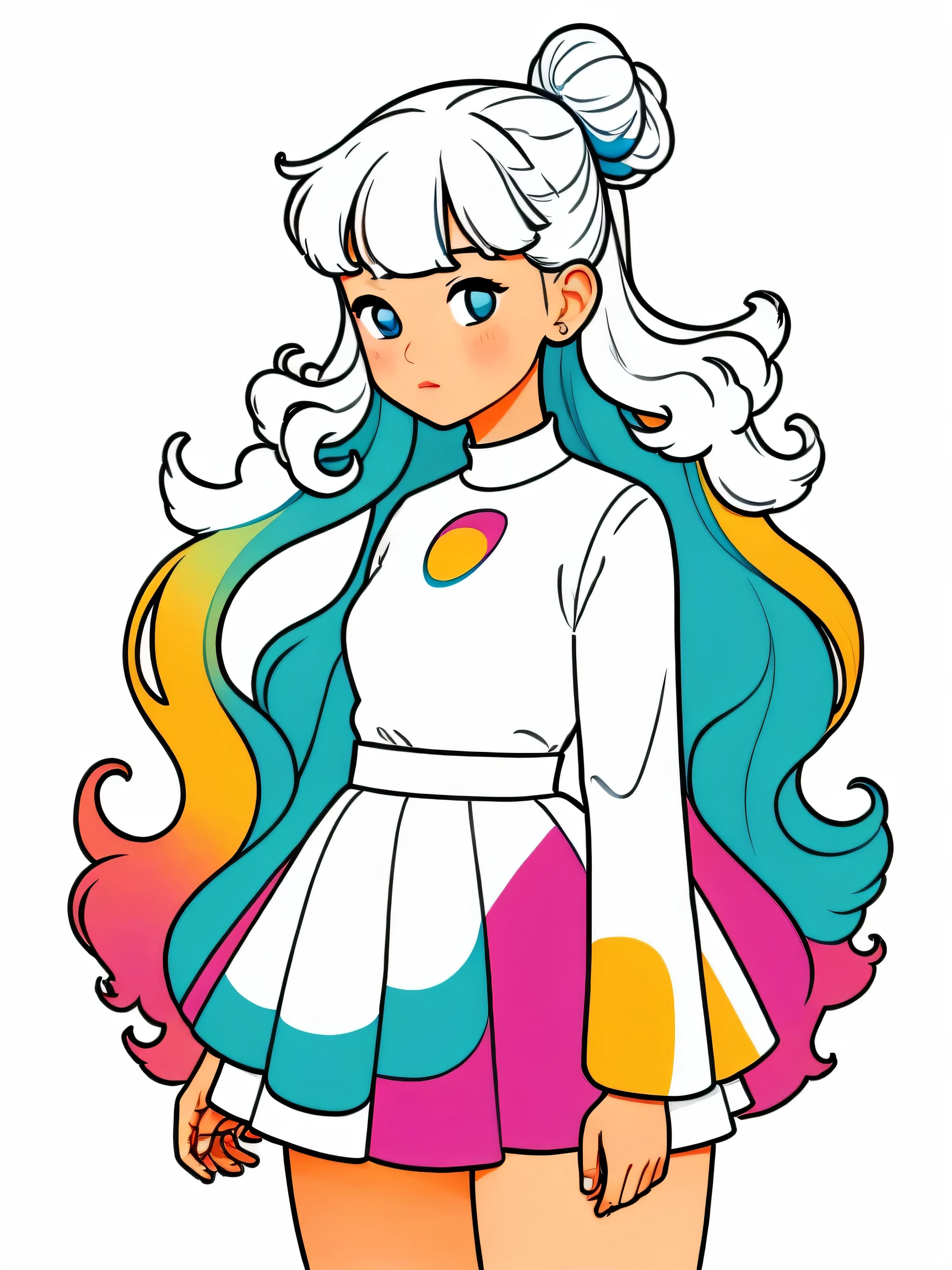 Simple doodle,1girl,solo,Upper Body,Long curly hair,Hair Bun,Hair accessories,Bangs,Blush,Looking at the audience,Color Palette,(((White background))),Contrasting colors,concise, Simple lines,Supersaturated, vivid, and bright colors, In pop art vector style