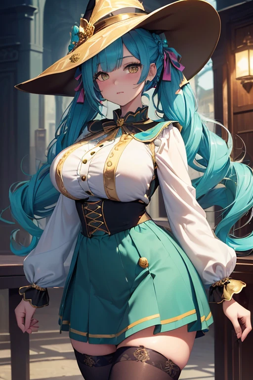((masterpiece)), (best quality:1.7), (detailed:1.4), (high res:1.4), 8k, (colorful:1.5), high resolution, sharped image, 4k, hd, (beautiful detailed background:1.2), (beautiful lighting:1.2), (highly detailed:1.2), perfect lighting, (8k wallpaper:1.2), (highly detailed:1.2), (extremely detailed CG:1.2), ((long turquoise twintails with ribbons)), (hair bangs covering one eye), ((only turquoise hair)), ((large chest)), (((busty))), curvy figure, (((royal gold eyes))), (((modest witch outfit with button blouse and a medium length skirt and long stockings))), ((fluffy cat ears and cat tail)), mature, older, (cat girl), adult, tall, fullbody