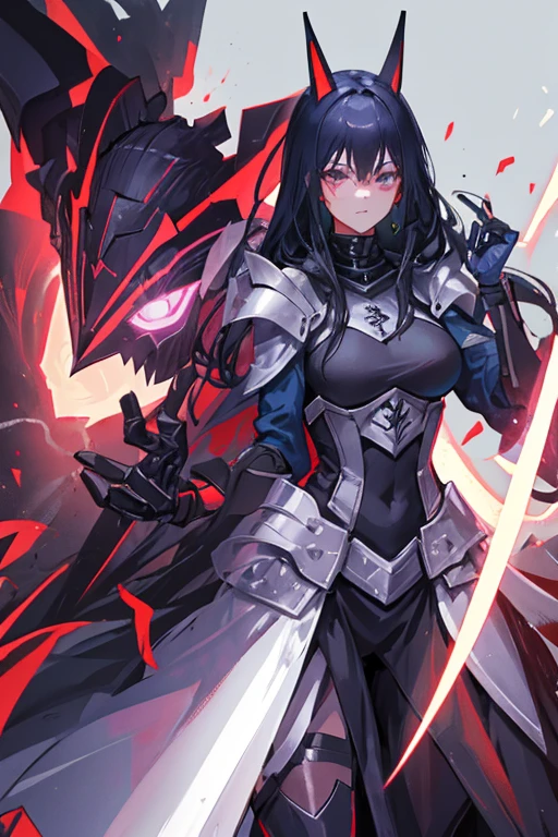 Mujer zorro con armadura y casco con mascra lisa de cara completa negros, technology with energy swords, pelo morado con rojo