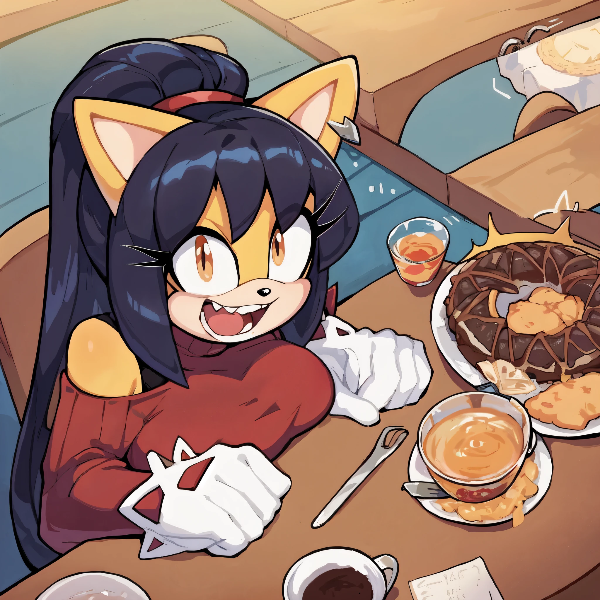 score_9, score_8_up, 2D, flat color, cafe background, looking at viewer, 1girl, very detailed, extremely detailed, honey the cat from the sonic the hedgehog series, portrait, cut off body, above shoulder, shocked expression, puzzled expression, sound lines, open mouth, makeup, hair down, long hair, turtleneck sweater, sitting at table, on a date, large bust, milf