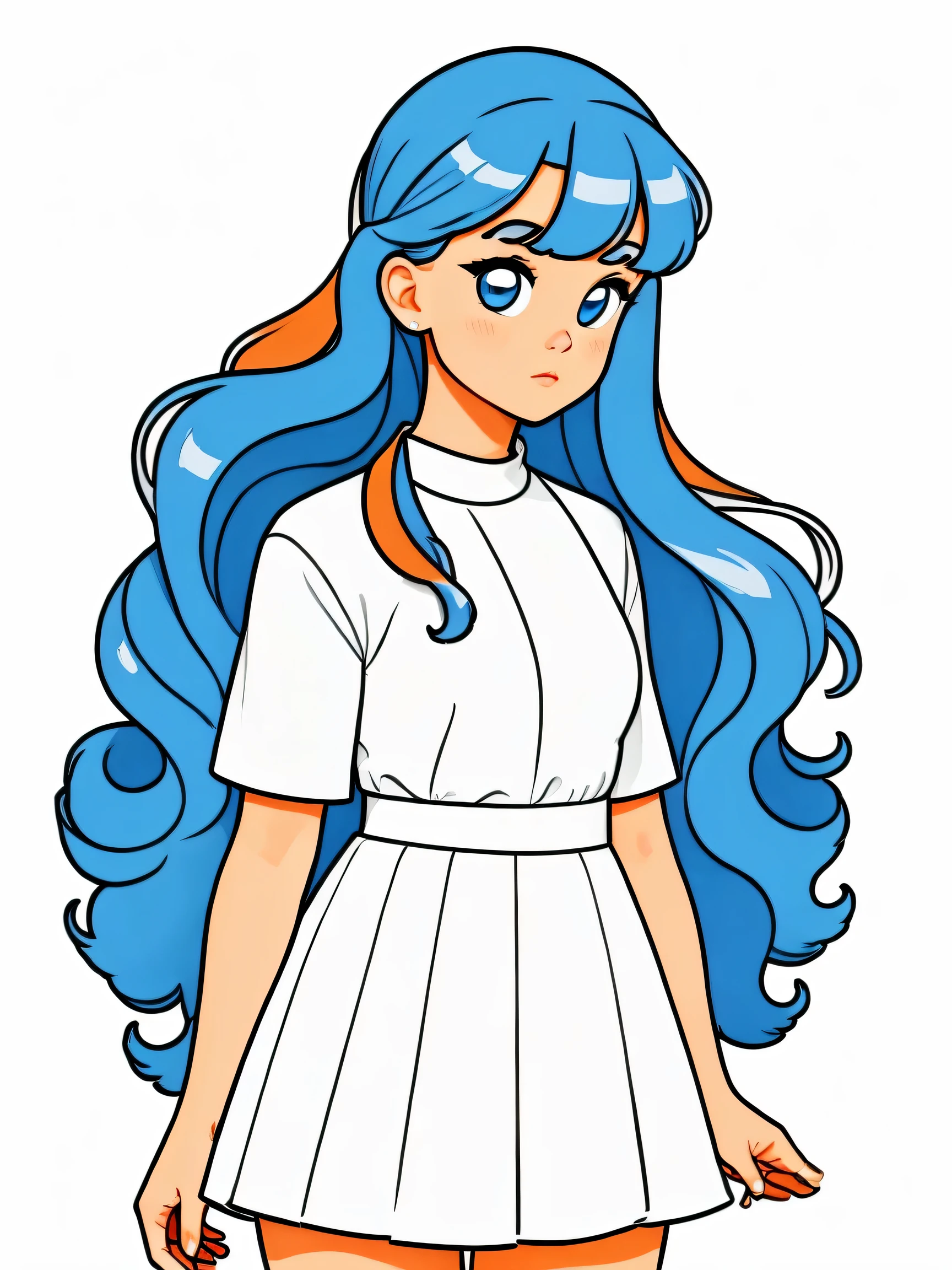Simple doodle,1girl,solo,Upper Body,Long curly hair,Hair Bun,Hair accessories,Bangs,Blush,Looking at the audience,Color Palette,(((White background))),Contrasting colors,concise, Simple lines,Supersaturated, vivid, and bright colors, In pop art vector style