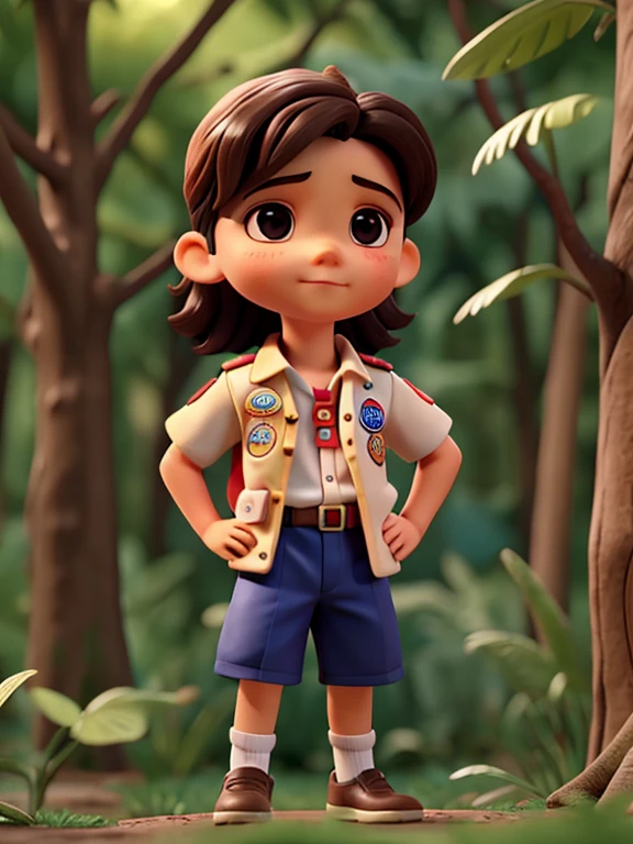 de 7 anos pequeno de olhos claros, pele clara, boy scout with several badges on his blouse in multiple positions in an enchanted forest
